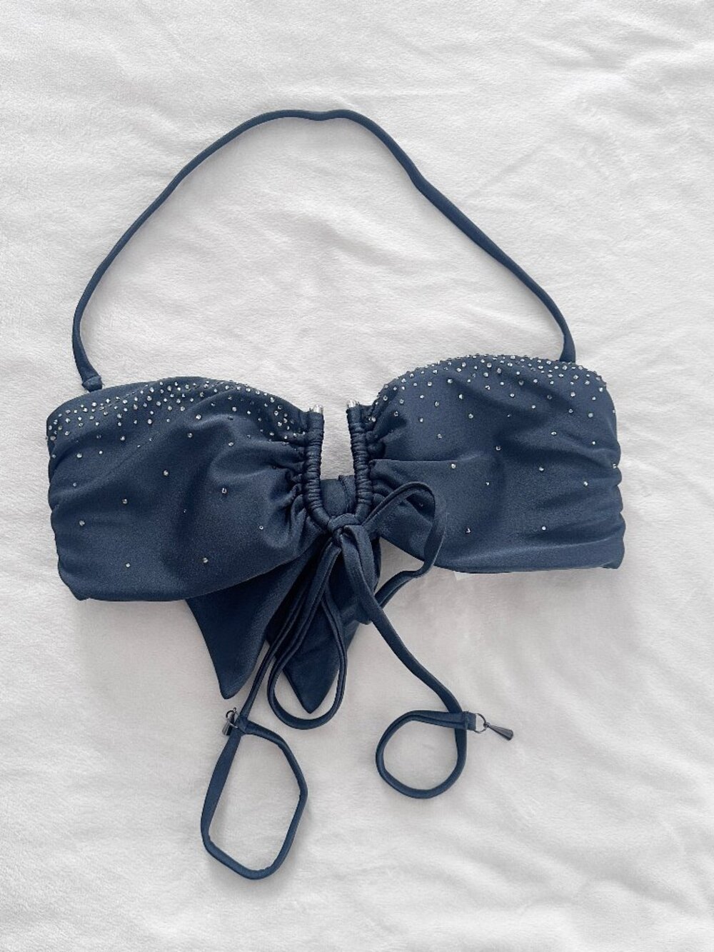 NWT Bellissima Black Pearl Swarovski U Ring Bandeau Bikini Top M
